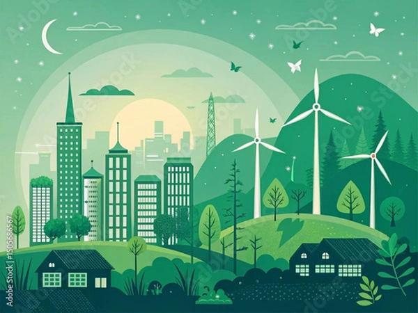 Fototapeta Green Energy Building Plan Vector | Sustainable Architecture Blueprint