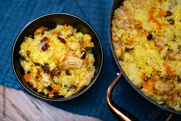 Obraz Freshly Cooked Chicken Pilaf Served in Bowl.