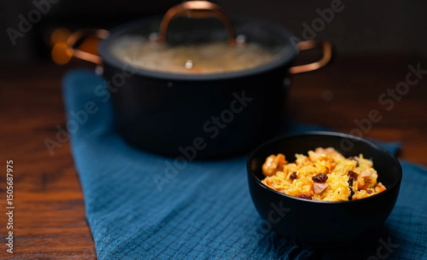 Obraz Freshly Cooked Chicken Pilaf Served in Bowl.