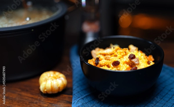 Obraz Freshly Cooked Chicken Pilaf Served in Bowl.