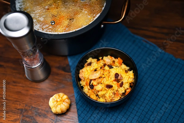 Obraz Freshly Cooked Chicken Pilaf Served in Bowl.