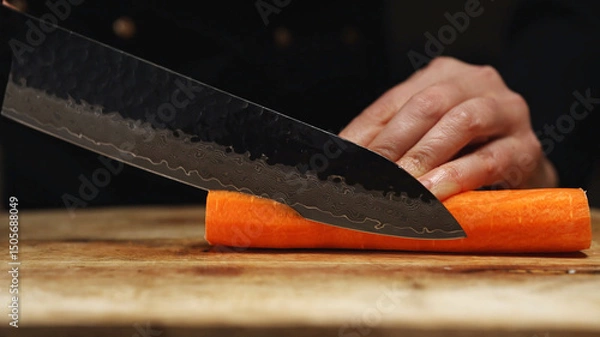 Obraz Female Chef Slicing Carrots into Julienne Strips.