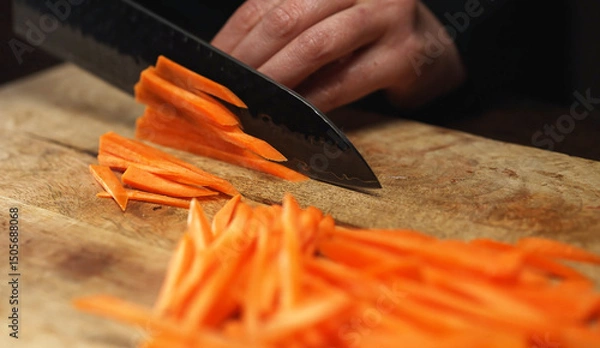 Obraz Female Chef Slicing Carrots into Julienne Strips.