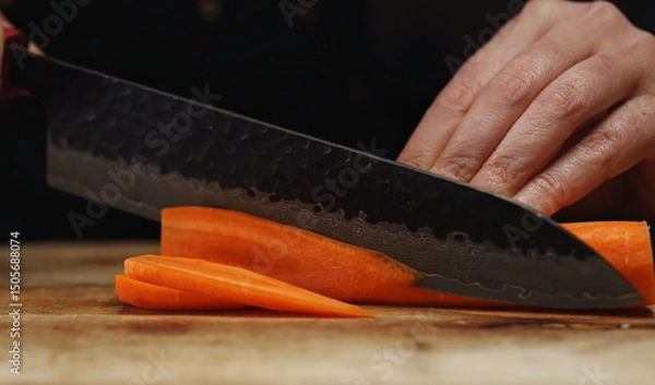 Obraz Female Chef Slicing Carrots into Julienne Strips.