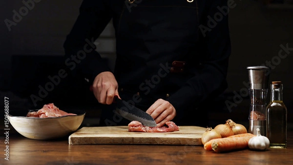 Obraz Female Chef Cutting Chicken Thighs with Knife.