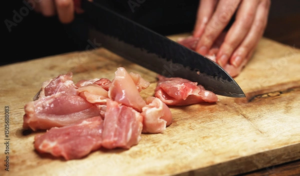 Obraz Female Chef Cutting Chicken Thighs with Knife.