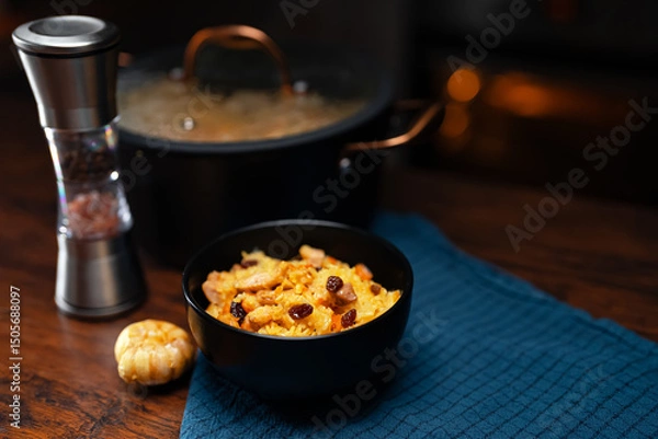 Obraz Freshly Cooked Chicken Pilaf Served in Bowl.