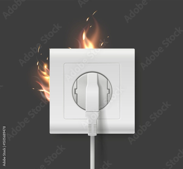Obraz Short circuit in socket with flames and sparks due overloaded wiring. Accident with home power cable. Realistic wire plug. Electricity outlet in fire. Surge shock. Vector 3D object