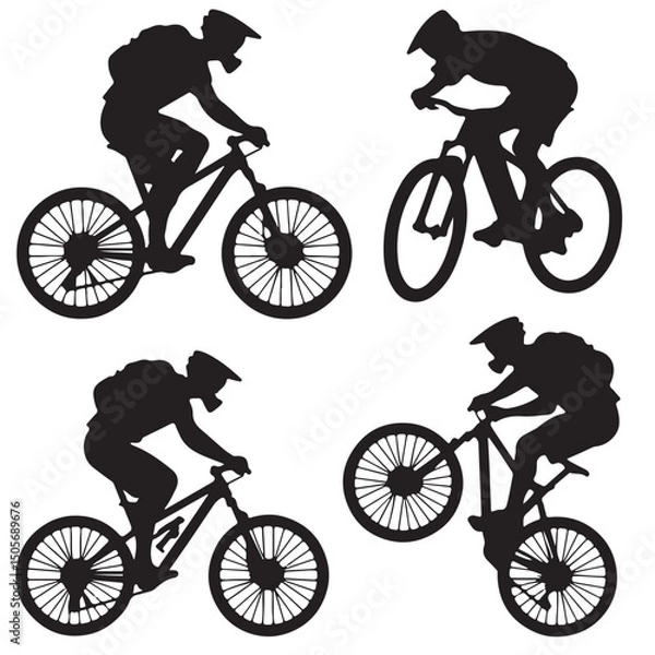 Obraz Mountain Bike Riders Silhouettes on Mountain Trails, Silhouette of Cyclists in Various Riding Positions, Silhouette Cyclist Collection Various Riding Positions