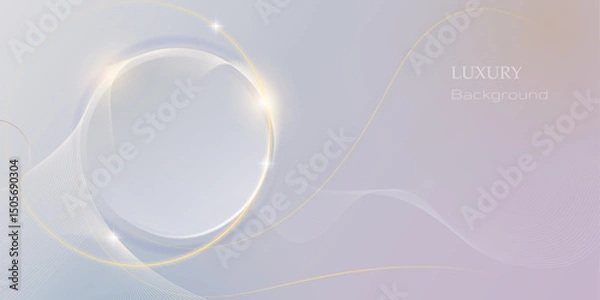 Fototapeta Abstract gold circle, soft neon glow light effect, smooth curve, sparkling line with glitter on light gradient background. Vector element design for luxury business template, banner background