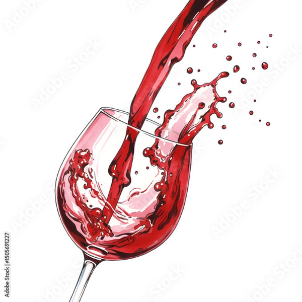 Obraz watercolor Illustration of Pouring rich red wine from bottle into crystal glass on white background. Dynamic flow and splashes. Wine tasting concept, wine enthusiasts and culinary experiences