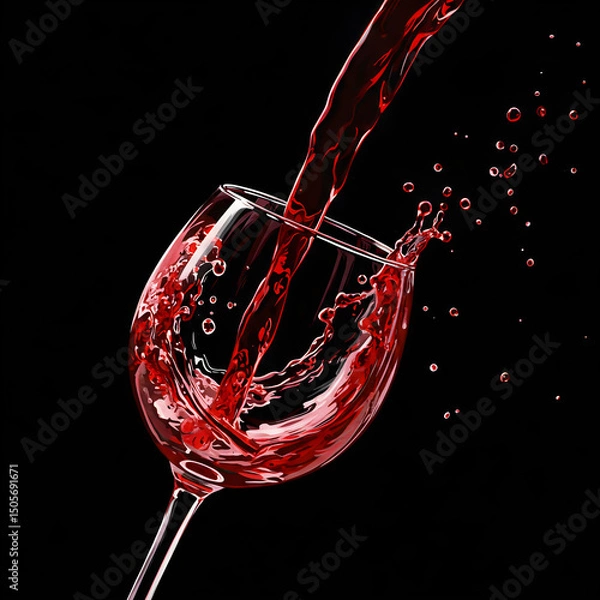 Obraz watercolor Illustration of Pouring rich red wine from bottle into crystal glass on dark background. Dynamic flow and splashes. Wine tasting concept, wine enthusiasts and culinary experiences