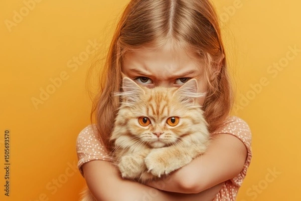 Obraz Displeased girl holding kitten in studio portrait