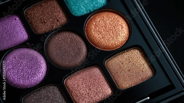 Obraz "Ultra-Realistic Shimmery Eyeshadow Palette with Vibrant Metallic Colors in Black Case"

