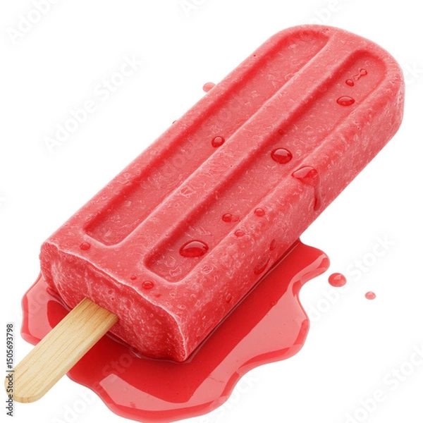Fototapeta Red popsicle melting on a wooden stick with syrupy drip  