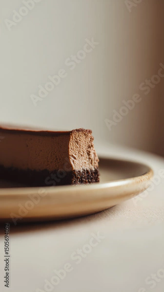 Fototapeta Slice of chocolate mousse cake with rich layers on a ceramic plate, soft light dessert presentation
