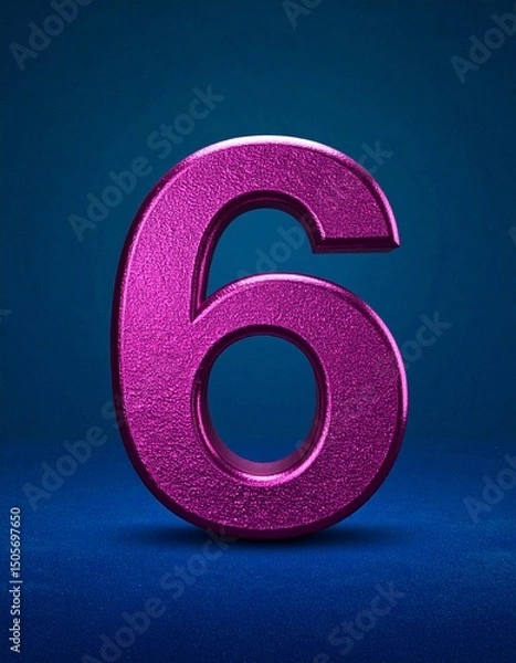 Fototapeta Six 6 Number Fuchsia Metallic Digital Illustration on Blue Background, Isolated Aesthetic 3d Minimalist Design in Magenta, Rough Texture 