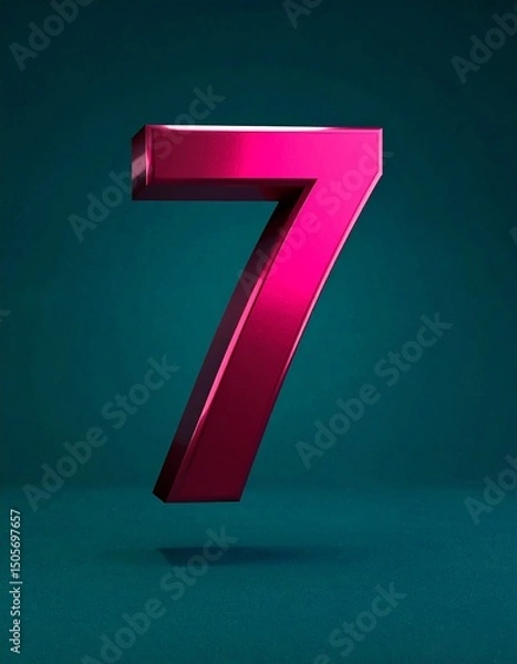 Fototapeta Seven 7 Number Fuchsia Metallic Digital Illustration on Emerald Background, Isolated Aesthetic 3d Minimalist Smooth Design in Magenta 