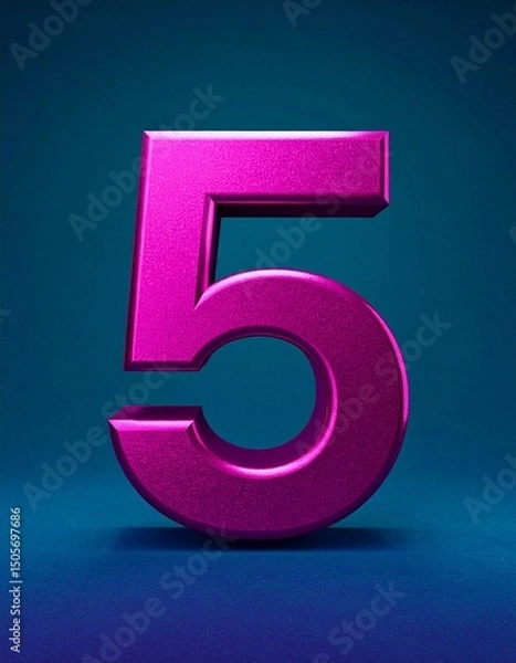 Fototapeta Five 5 Number Fuchsia Metallic Digital Illustration on Teal Background, Isolated Aesthetic 3d Minimalist Smooth Design in Magenta 