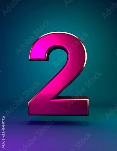 Fototapeta Two 2 Number Fuchsia Metallic Digital Illustration on Teal Background, Isolated Aesthetic 3d Minimalist Smooth Design in Magenta 