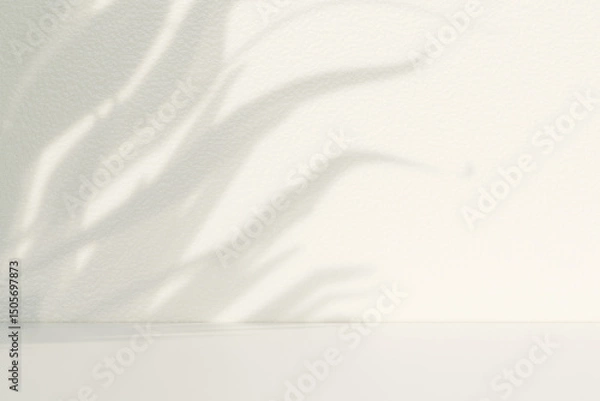 Fototapeta Shadow of plant leaves on a white wall with a minimalist background. 3d rendering