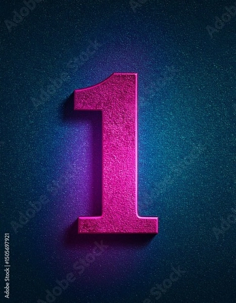 Fototapeta One 1 Number Fuchsia Metallic Digital Illustration on Teal Background, Isolated Aesthetic 3d Minimalist Design with Rough Texture in Magenta 