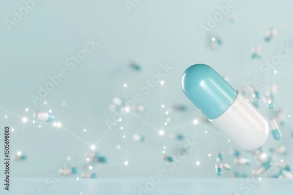 Fototapeta Floating blue and white capsule pill surrounded by sparkling particles on a light blue background. 3d rendering