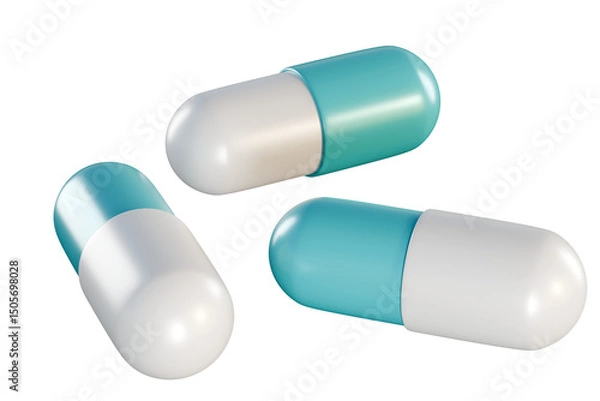 Fototapeta Blue and white capsules pill on an isolated transparent background. 3d rendering