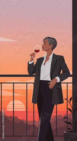 Obraz Illustration of Stylish woman dressed in suit is savoring alcohol wine drink on chic balcony, with stunning city skyline at sunset in background. Serene and luxurious atmosphere for relaxation