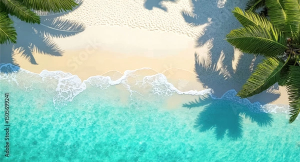 Fototapeta Aerial beach drone view: ocean waves on white sand, palm shadows. Tropical summer vacation paradise, serene island escape wallpaper.