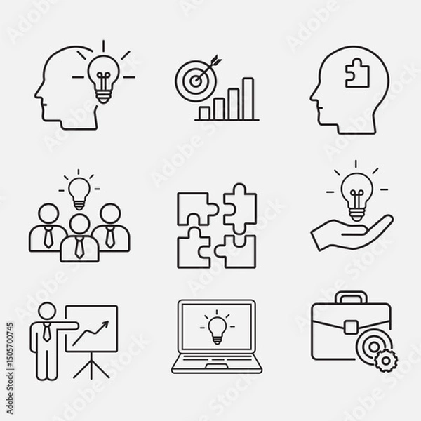 Fototapeta Minimal outline icon set representing creative business solutions ideas, teamwork, goals, innovation and strategy concepts, vector illustration