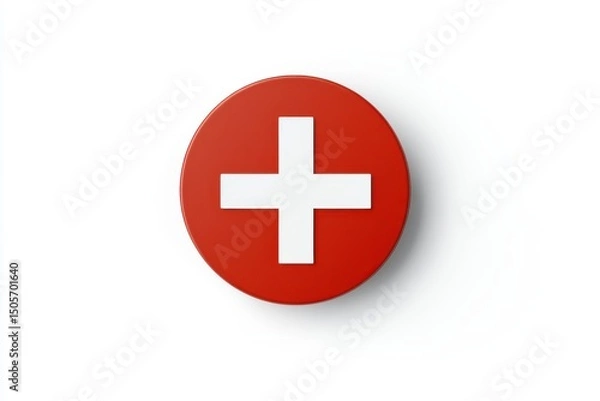 Fototapeta Red circle with white plus symbol centered on a clean surface on white background
