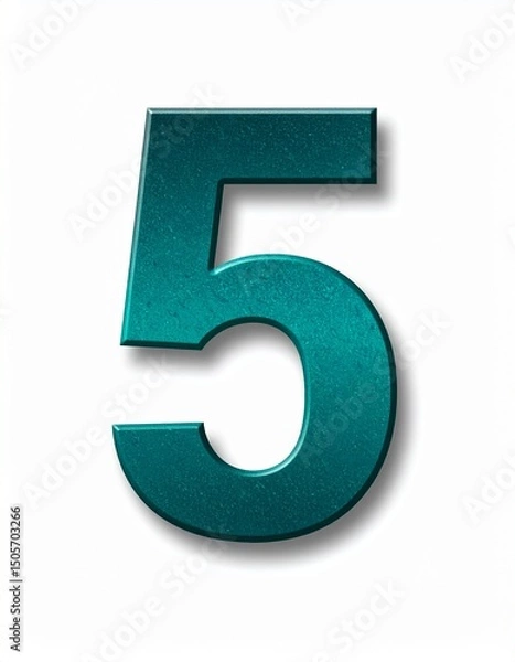 Fototapeta Five 5 Number Teal Digital Illustration on White Background, Isolated Aesthetic 3d Minimalist Smooth Design 
