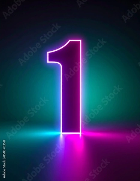 Fototapeta One 1 Number Fuchsia Metallic Digital Illustration with Light Effect on Teal, Magenta, Fuchsia Background, Isolated Aesthetic 3d Minimalist Smooth Design in Vibrant Colors