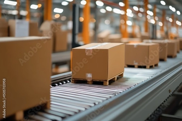 Fototapeta Boxes in motion on conveyor belt at shipping center