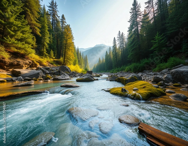 Fototapeta Clear river flowing from a mountain spring to a wide valley