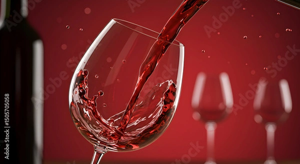 Obraz watercolor Illustration of Pouring rich red wine from bottle into crystal glass on red background. Dynamic flow and splashes. Wine tasting concept, wine enthusiasts and culinary experiences