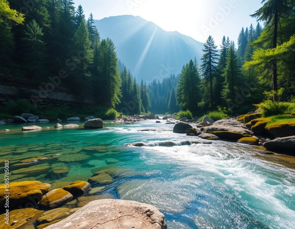 Fototapeta Clear river flowing from a mountain spring to a wide valley