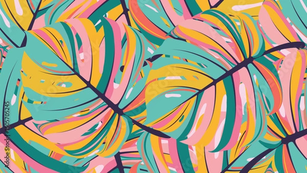 Fototapeta A colorful pattern featuring stylized tropical leaves, predominantly resembling Monstera deliciosa. The leaves are rendered in a modern, abstract style with overlapping layers of teal