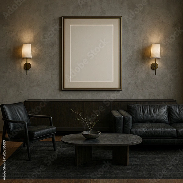 Fototapeta Vertical Poster Mockup with Twin Wall Lamps Sconces in Sophisticated and Tasteful Dark Living Room