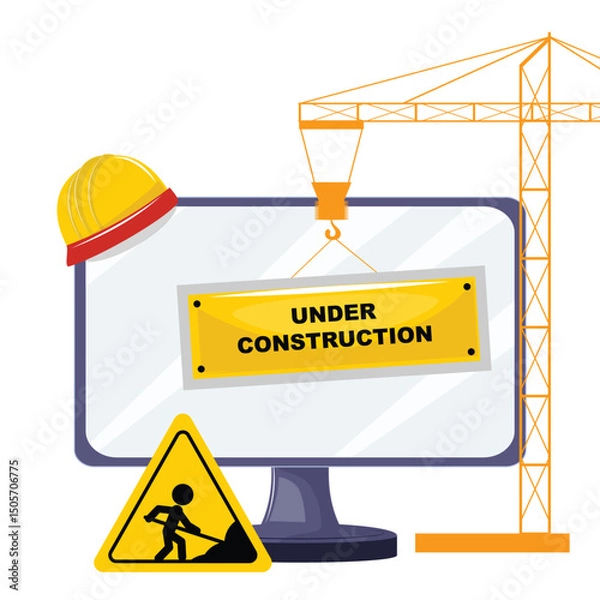 Fototapeta Digital error page template featuring construction site elements, safety helmet, and yellow warning sign