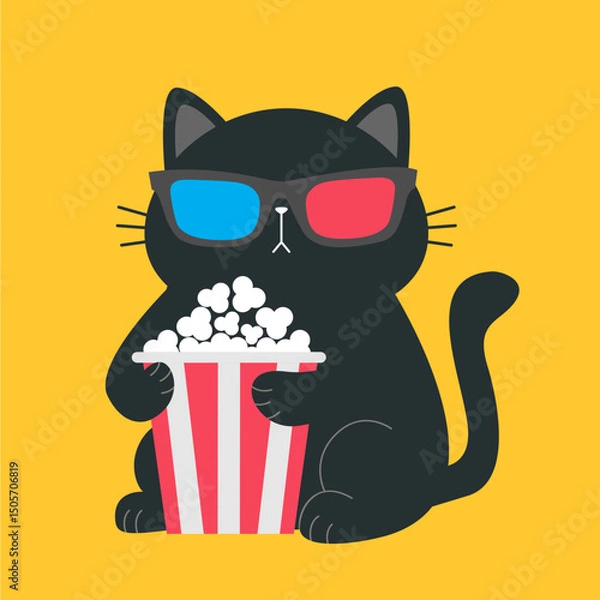 Fototapeta Black cat holding popcorn box. Kitten watching movie. Pop corn. 3d glasses. Cute cartoon funny character. Cinema theater. Film show. Childish style. Yellow background. Flat design. Vector illustration