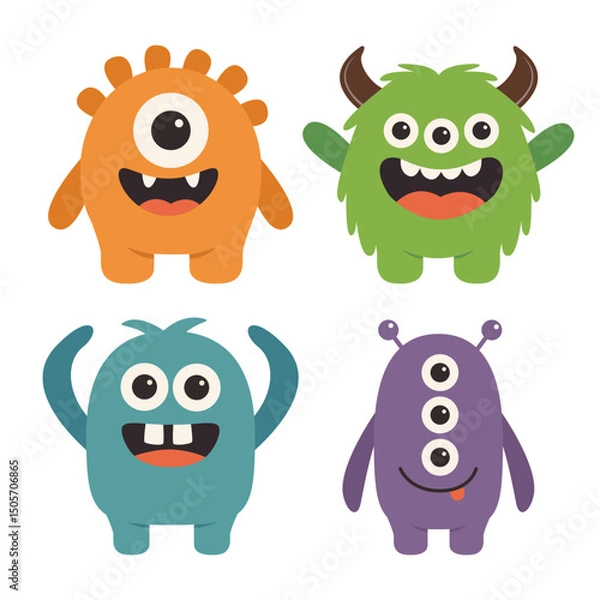 Fototapeta Monster set. Happy Halloween. Funny cartoon kawaii baby character. Smiling face. Cute colorful monsters silhouette icon. Horns, teeth, eyes, hands. Flat design. Childish style. White background Vector