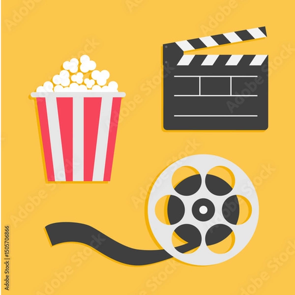 Fototapeta Movie reel Open clapper board Popcorn Cinema icon set. Movie time. Template for banners, cards, invitations. Simple flat design style. Yellow background. Isolated. Vector illustration