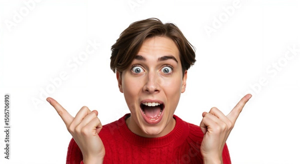 Obraz Excited young man smiling and pointing with both hands against white background  