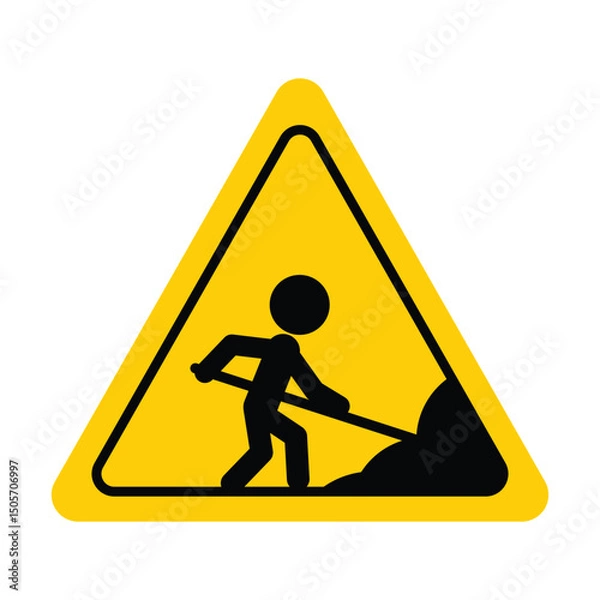 Fototapeta Work in progress caution sign, black silhouette worker, yellow background, modern flat icon, vector art