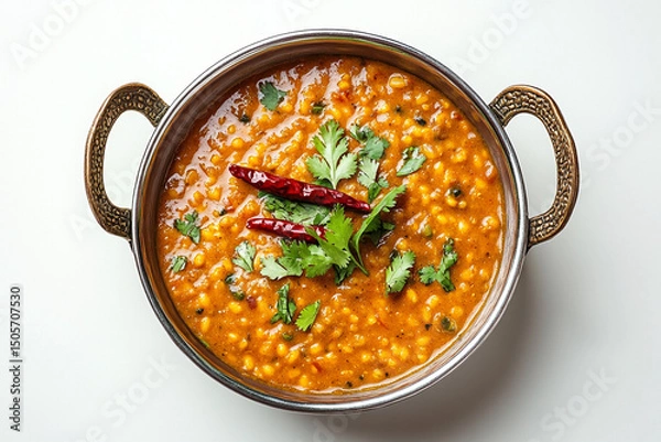 Fototapeta Overhead Shot of Dal Tadka in a Copper Bowl Garnished with Cilantro and Chilies