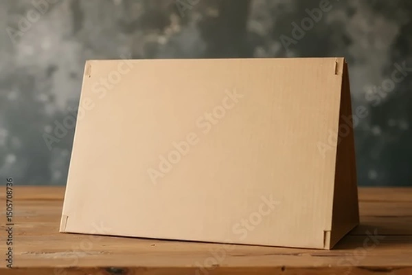 Obraz cardboard-display-stand-blank-signage-wooden-tabletop-product-presentation