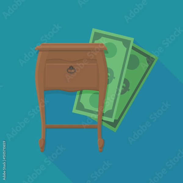 Fototapeta Old bedside table with a wad of dollars on a blue background with a long shadow (flat design)