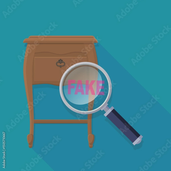 Fototapeta Old bedside table with a magnifying glass positioned on it with the wording "FAKE" on a blue background with a long shadow in a flat design style